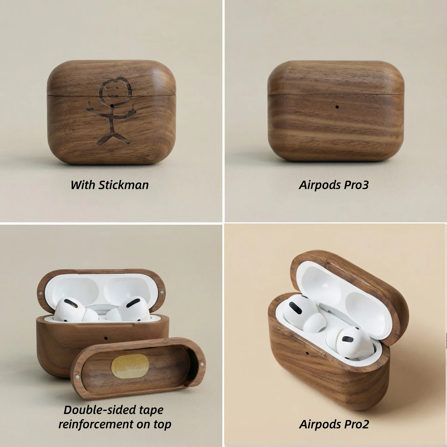 Walnut Wood Round Frame Protective Case with Engraved Stickman Pattern