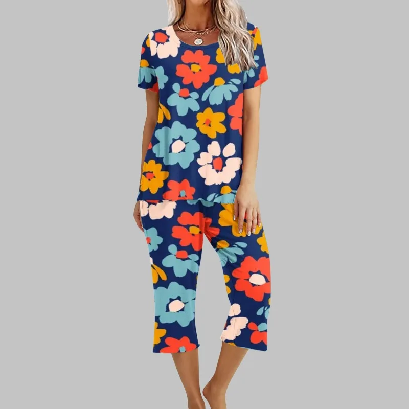 

2023 Summer Women's Set printing Short Sleeve O-Neck Top 7 Split Pants Two Piece Set Women's Home Set Large Set Pijama Mujer