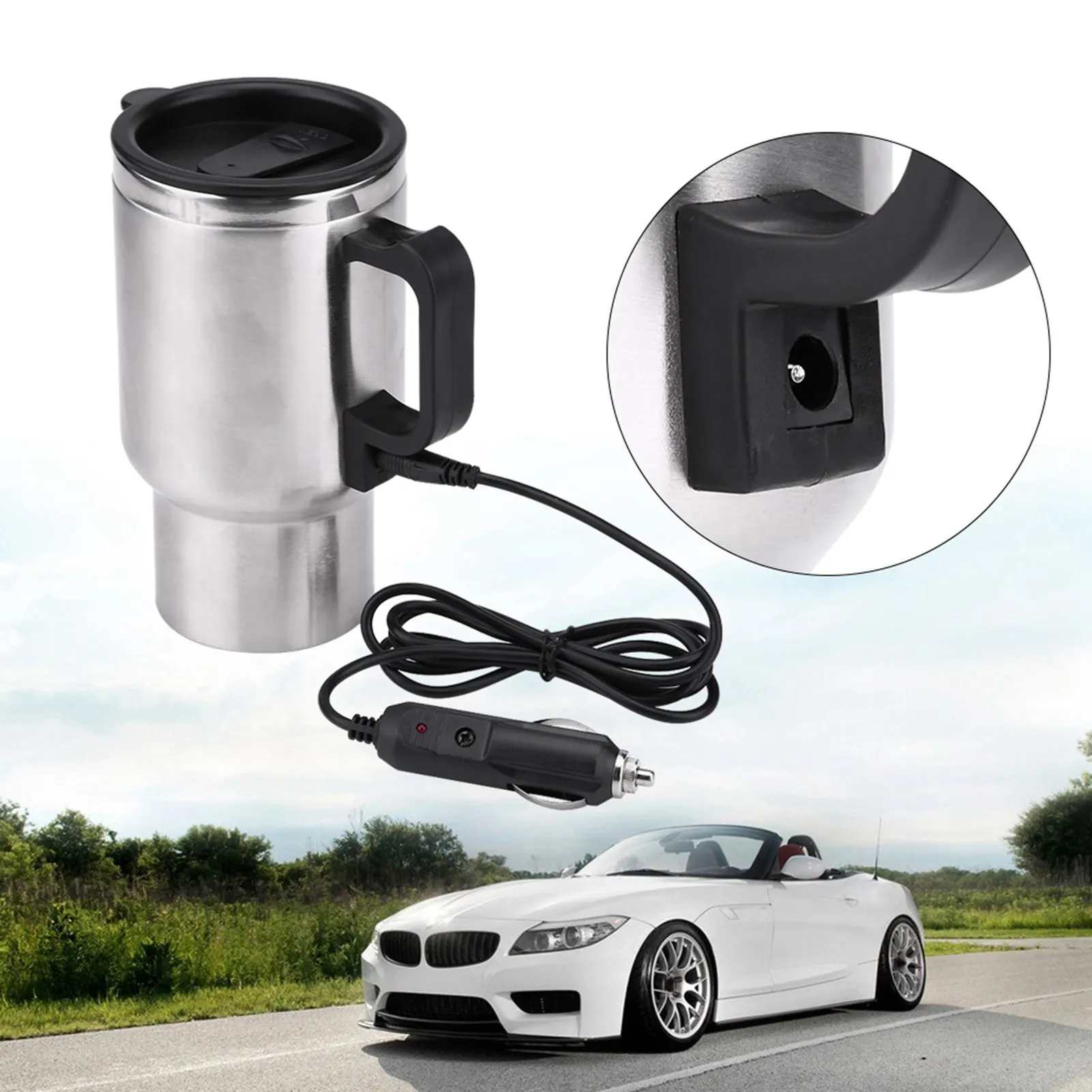 Travel Electric Kettle 450ml Electric In-car Travel Heating Cup Cigarette Lighter Plug Stainless Steel