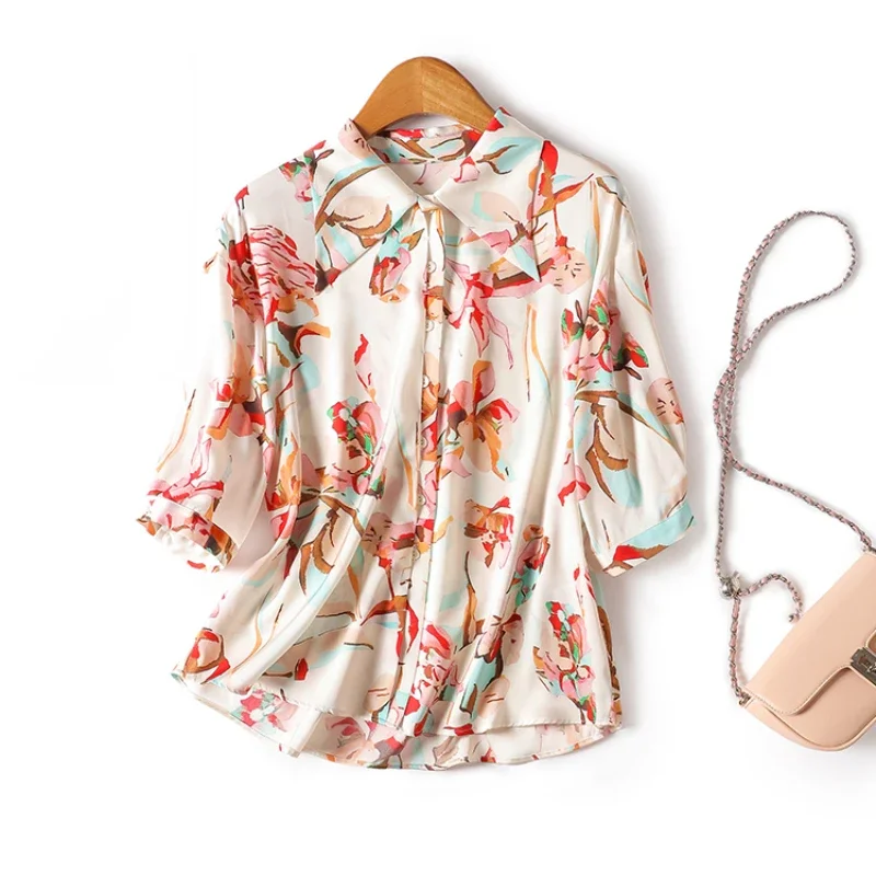 Chiffon Vintage Women's Shirt Summer Prints Blouses Loose Fit Short Sleeve Women Tops Fashion Clothing 2024 Korean