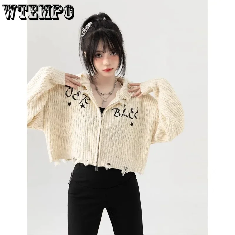 

Персиковый короткий кардиган с капюшоном и нестандартной бахромой, Женское пальто с вышивкой буквами, свободное повседневное модное пальто в американском уличном стиле