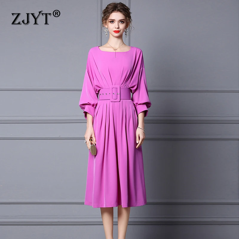 

ZJYT Runway Fashion Spring Midi Dress Women Elegant Lantern Sleeve Solid Casual Party Dress High Waist Aline Holiday with Belt