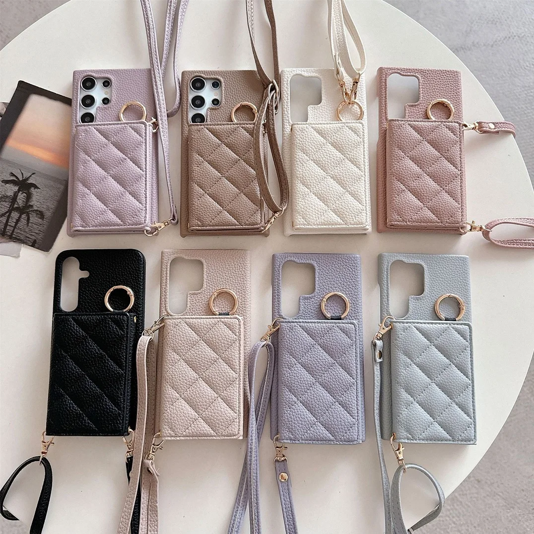 Luxury Crossbody 3D Grid Leather Card Slot Wallet Case with Mirror Makeup Cover