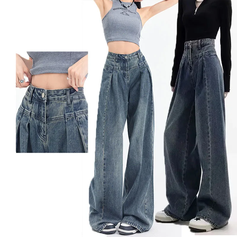 

Spring Autumn Korean Fashion Streetwear High Waist Baggy Jeans Women Straight Thin Drape All-Match Wide-Leg Pants Jeans Femme