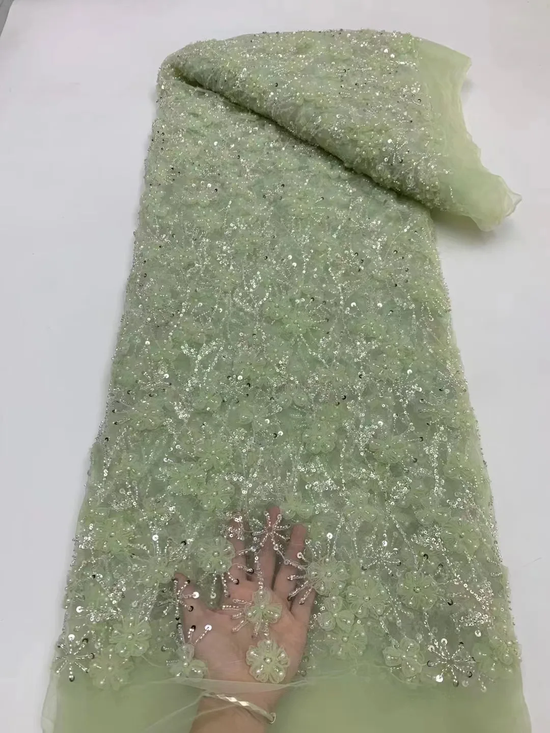 

High Quality African Embroidery Beaded Lace Fabric Nigerian Sequins Lace Fabric For Wedding Party Sewing Material Dress