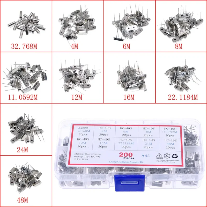 200pcs 10Values HC-49S Quartz Resonator DIP Oscillator Assorted Kit 4MHz 6MHz 8MHz 12MHz 16MHz 24MHz 25MHz 48MHz 2Pin