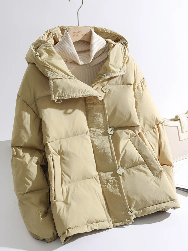 

Korean Style Vintage White Duck DownWinter Coat Women New Fashion Hooded Long Sleeve Jacket Ladies Short Downcoat