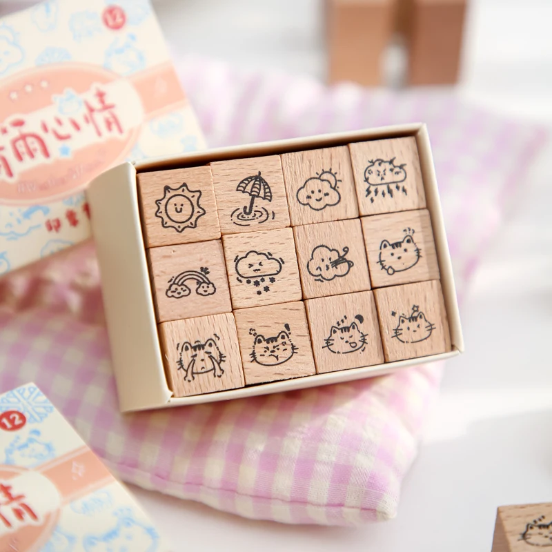 Wooden Stamps 12 Pcs/box Mini Cartoon for Scrapbooking