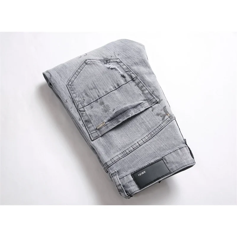 2024 High-end personalized design torn gray letter print Skinny stretch small leg men's jeans hip-hop street denim pants