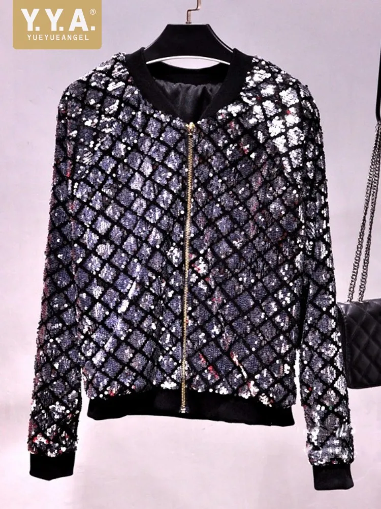 

Luxury Shiny Sequins Bomber Jacket Women Stand Collar Long Sleeves Spring Autumn Casual Outerwear Short Coat Female Streetwear