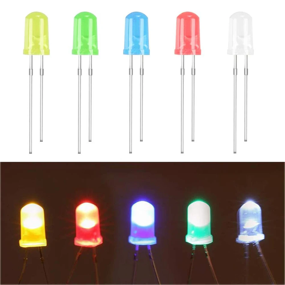 100 pièces 5mm Diodes lumineuses LED, Kit assorti de circuits LED pour expérience de projet scientifique Diodes électroluminescentes LED claires ampoule LED