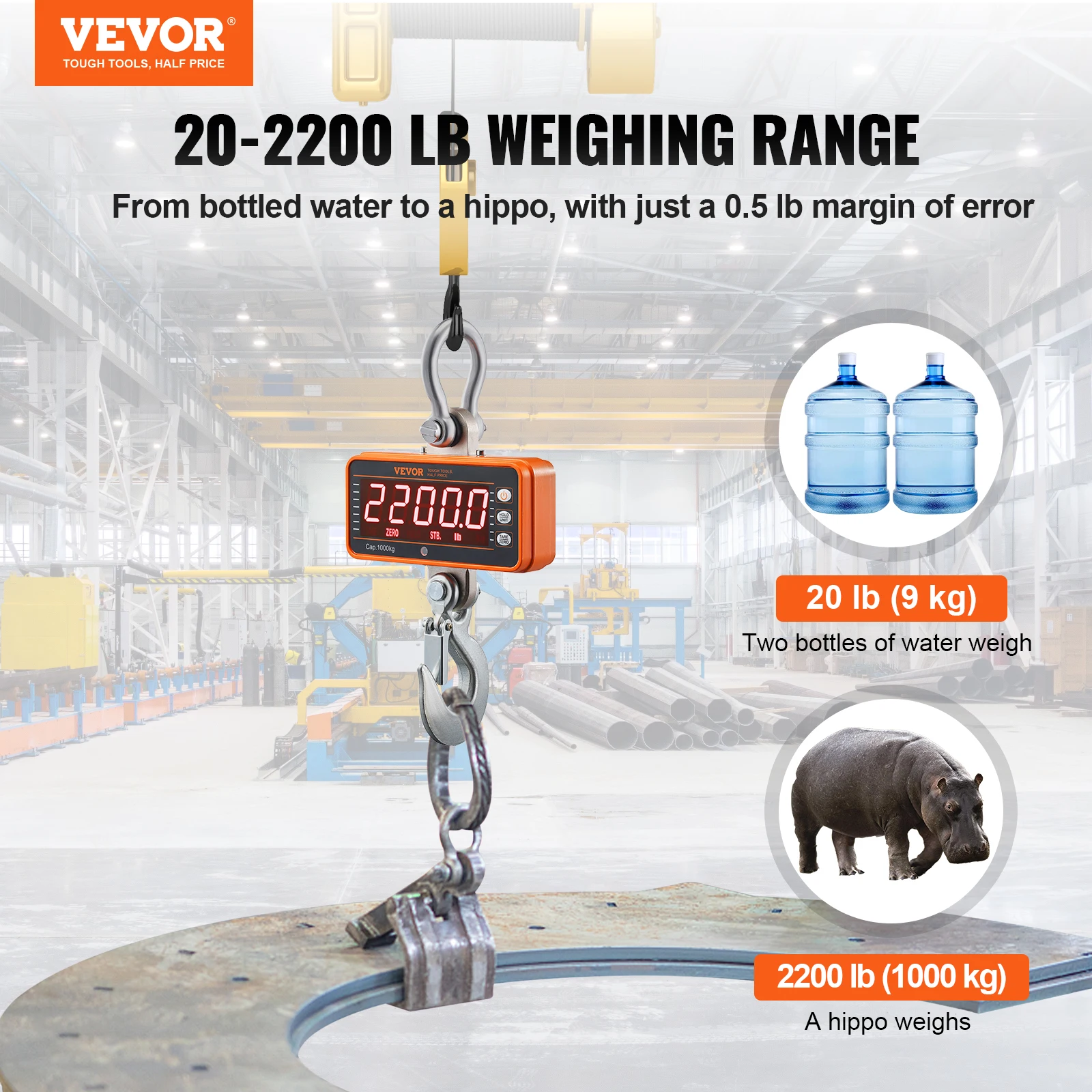 VEVOR Digital Crane Scale 1000 kg Industrial Hanging Scale Remote Control Cast Aluminum Case LED Screen for Construction