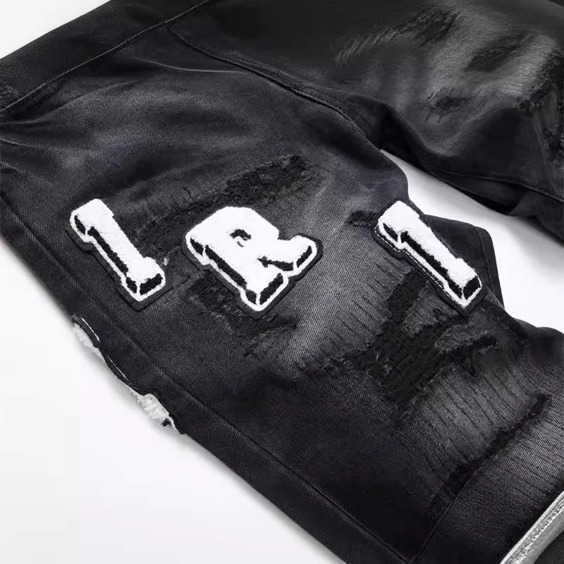 Men's Retro Black Jeans Ripped Holes Trendy Stretch Slim Fit Fashionable Pants Versatile men's pants ripped jeans ripped patchwork jeans