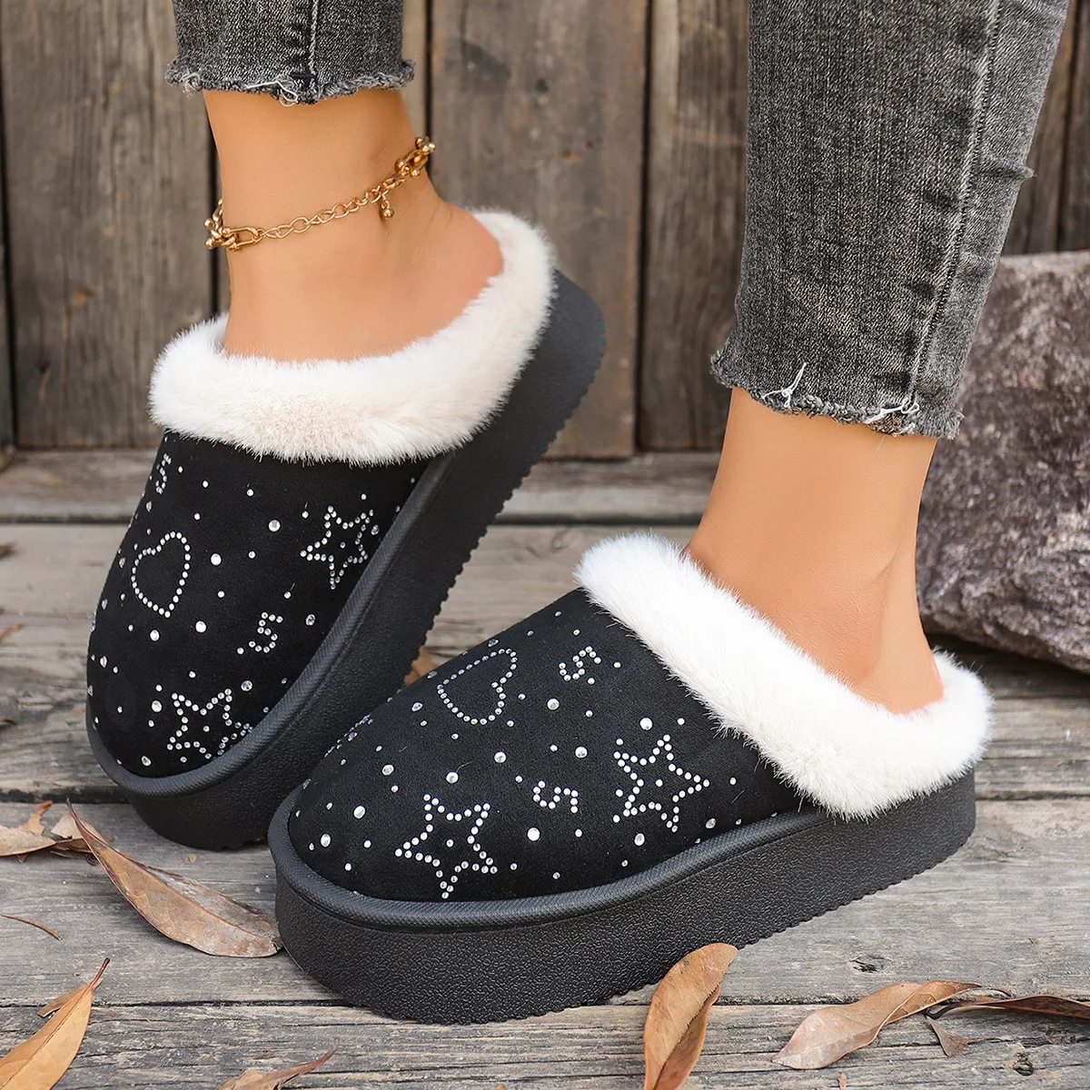 Comfortable Plush Cotton Slippers for Women, Thick Bottom, Anti Slip, Sexy, Elegant, Flat, Warm, Casual, Winter, Fashion, New