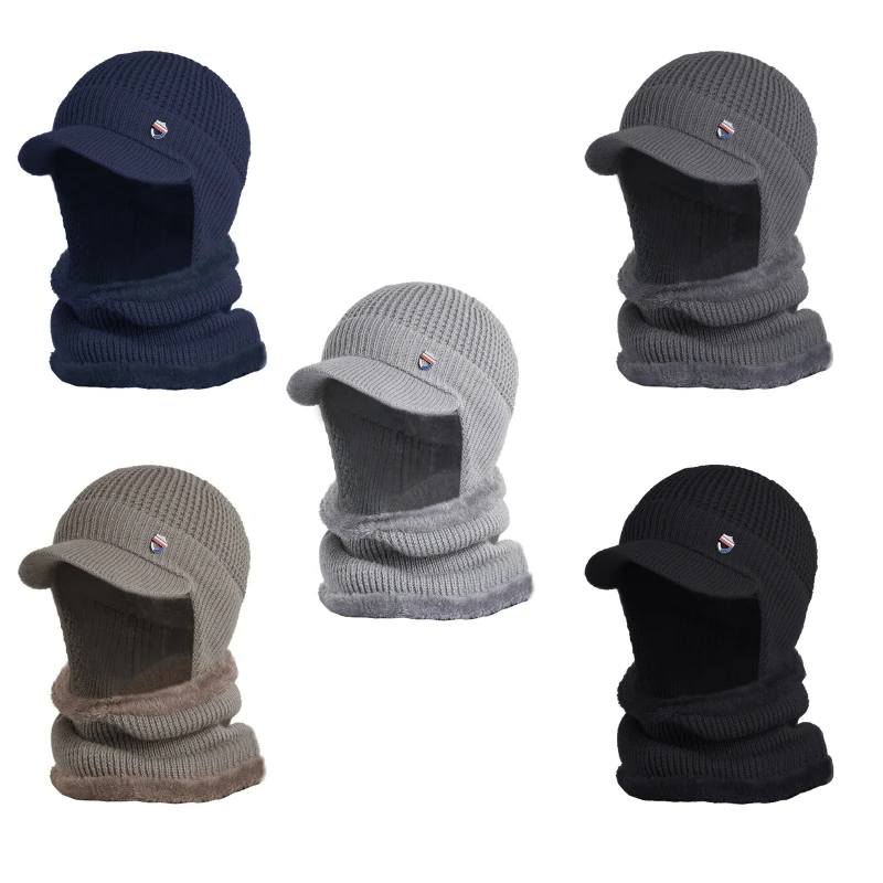 

Winter Beanie Hat and Circle Scarf Slouchy Warm Cable Knit Plush Lining Visor Windproof Earflap Skull Neck Gaiter
