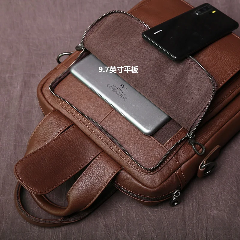 New Leather Men's Handbag Top Layer Cowhide Vertical Briefcase Retro Men's One-Shoulder Messenger Bag 12 Inch Ipad Bag NZPJ