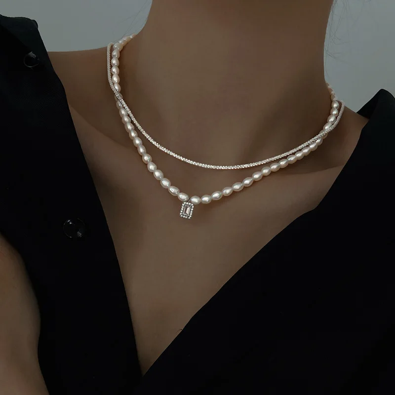 925 Sterling Silver Sparkling Square Necklace Stacked Pearl Pendant Temperament Women Luxury Clavicle Chain Fine Jewelry
