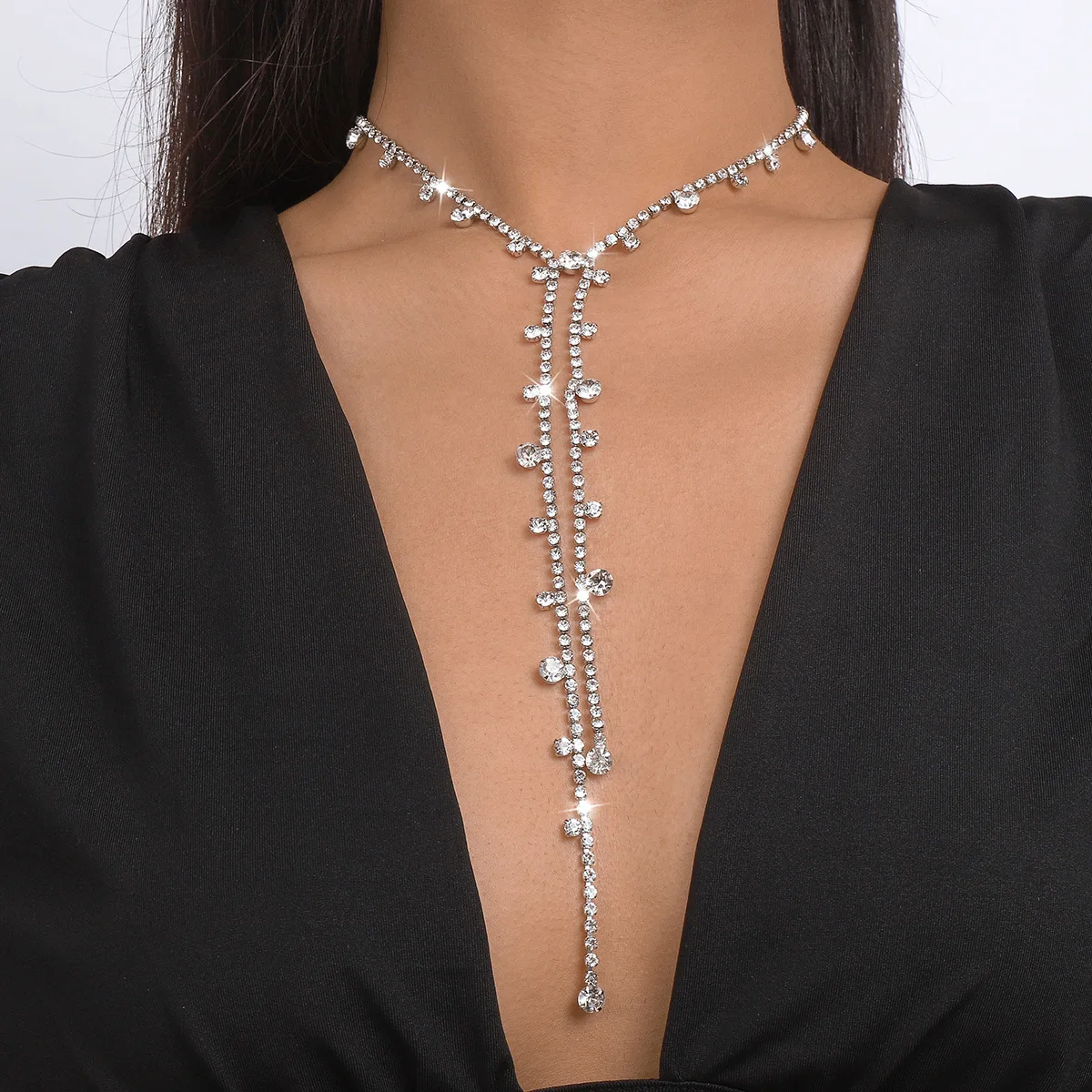 Ingemark Elegant Rhinestone Fringe Long Tassel Pendant Necklace Women Korean Fashion Bling Cross Y Choker Jewelry Accessories