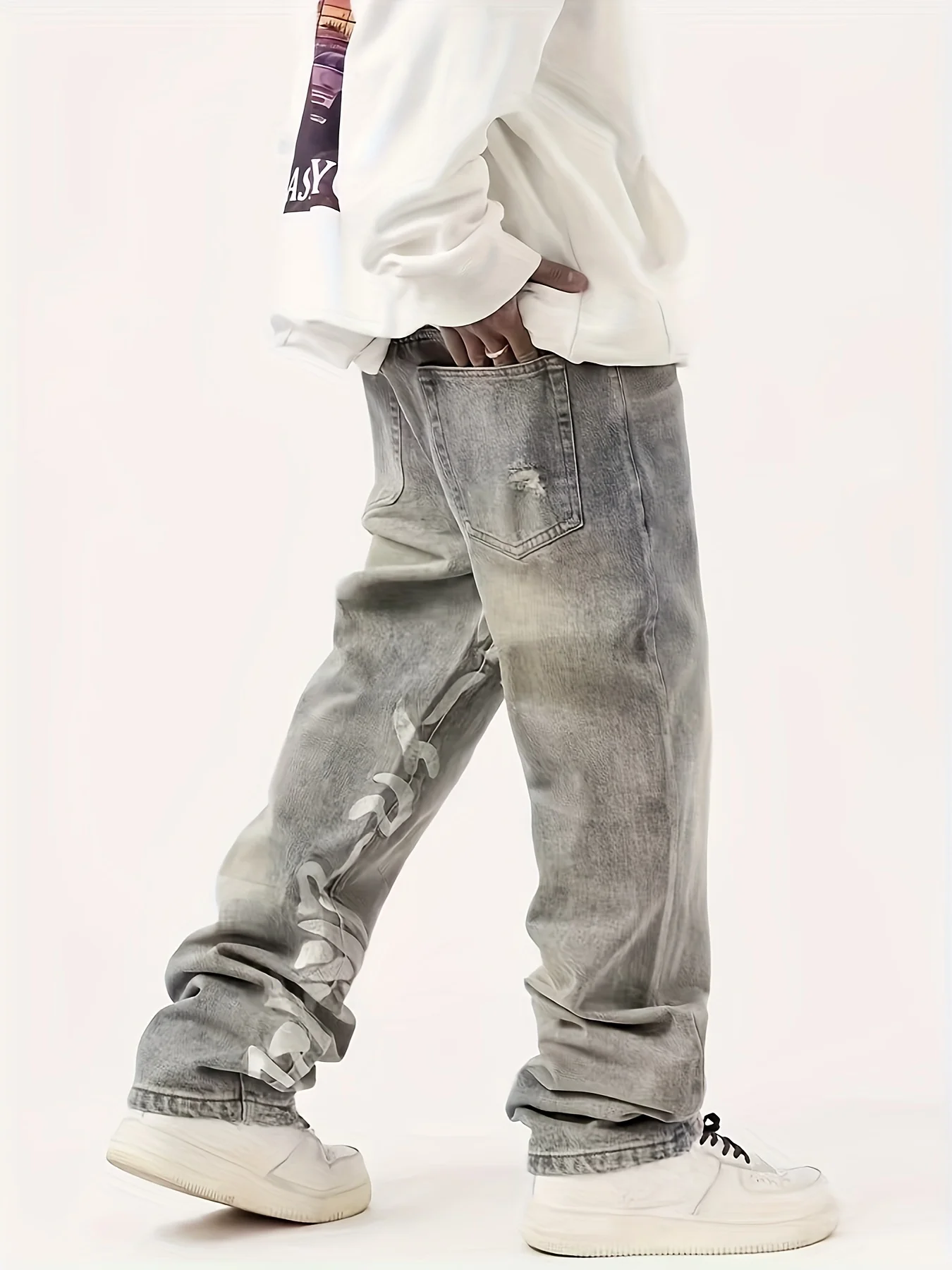 New Korean Fashion Men's Casual Long Jeans Graffiti Jeans Classic Man Straight Denim Wide-leg Pants Solid Color Light