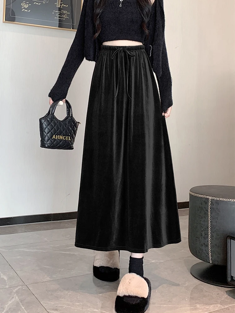 Mid Length Black Velvet Skirt - Temu