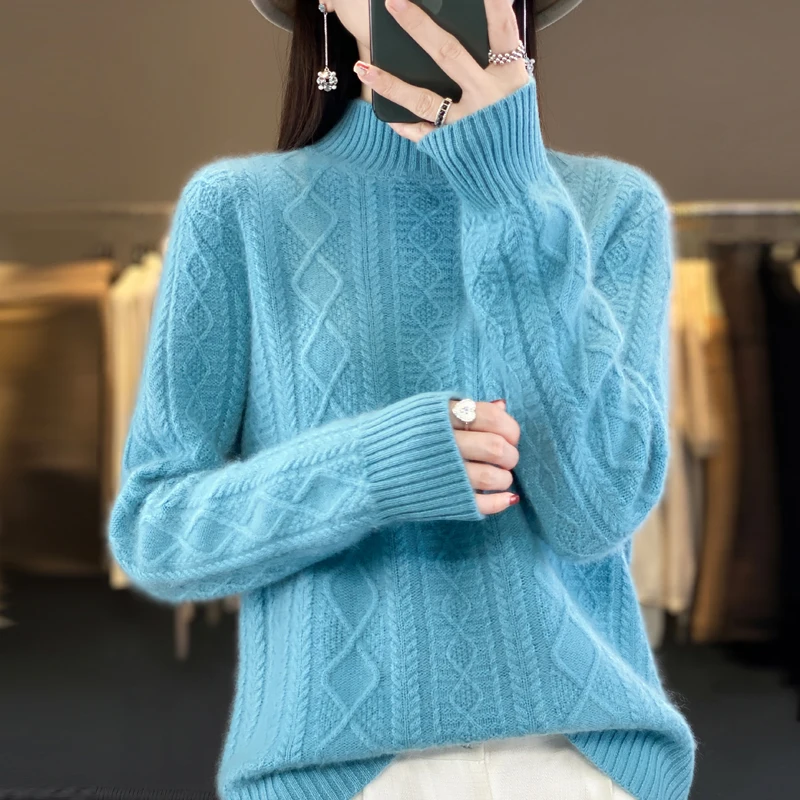 2023 Autumn and Winter New Women\'s Sweater 100% Wool Cashmere Sweater Half High Collar Knitted Pullover Fashion Soft Women\'s Top
