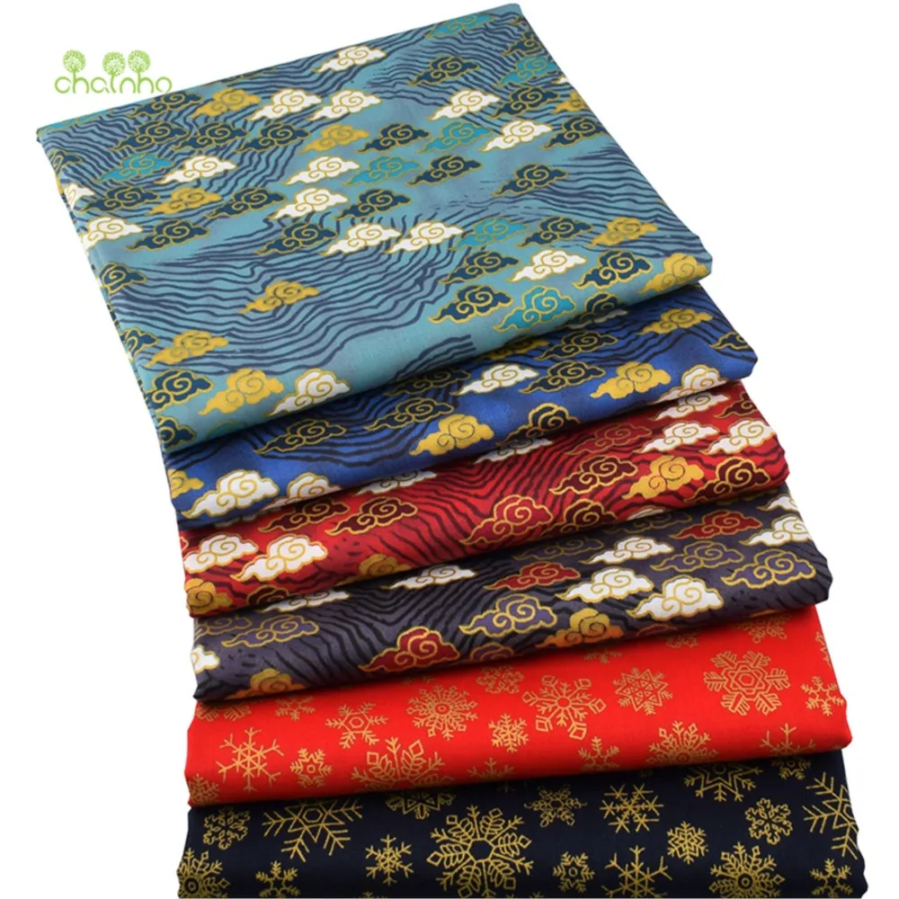 Chainho,Printed Twill Weave Cotton Fabric,DIY Quilting Sewing Material,Patchwork Cloth,6 Designs Bronzing Series,2 Sizes,15C362