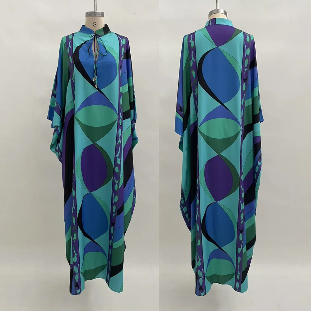 2026 Spring Summer Women's Printed Belted Maxi Dress Gown Round Neck Elegant Evening Dress Outfit Clothing