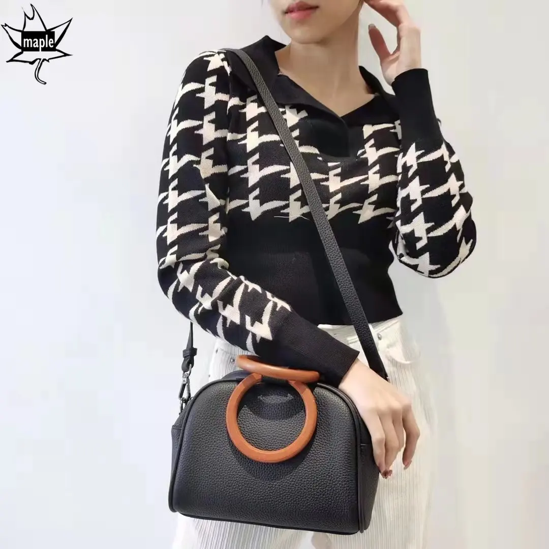 

Mature Round Wood-like Wrist Hand Bag for Mom 100% Natural Togo Cow Leather Women Shoulder Bag Gray High Quality Crossbody Bag