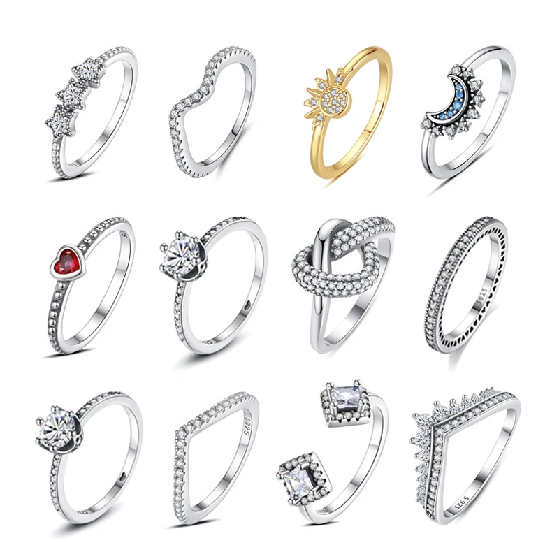 Bague originale en argent Sterling 925, cœur d'amour, espête de lune, soleil, cristal or Rose pour femmes, cadeau de mariage, bijoux de luxe