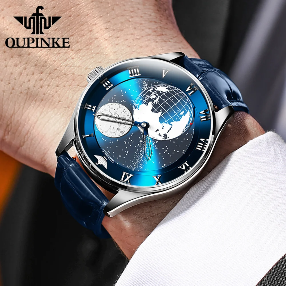 OUPINKE 3230 Men's Watches Starry Sky Earth Dial Waterproof Automatic Mechanical Watch Double Needle Design Imported Movement