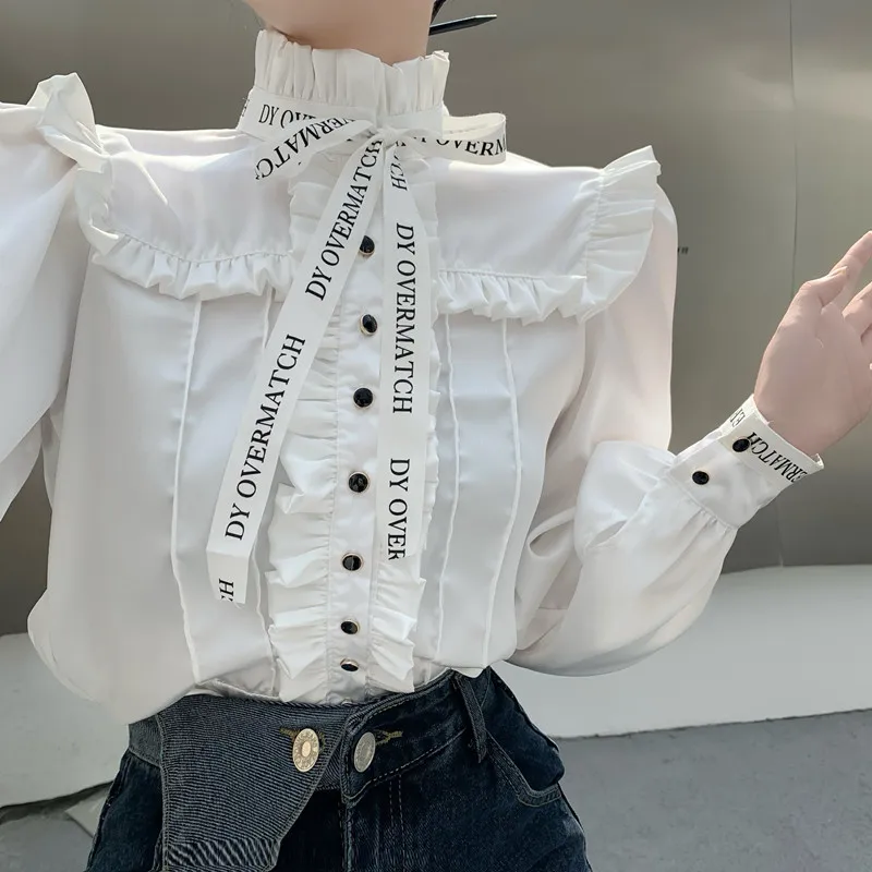 

Women Tops White Ruffles Bow Puff Lantern Long Sleeve Chiffon Blouse 2022 Autumn Work Wear Office Blusas Femininas Ladies Shirt