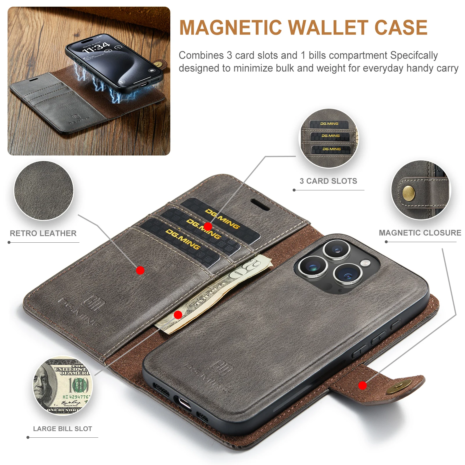 DG.Ming Luxury 2-Folding Detachable Magnetic Leather Wallet Case For iPhone 15 14 13 12 11 Pro Max Flip Cover for XS MAX 7 8 SE2