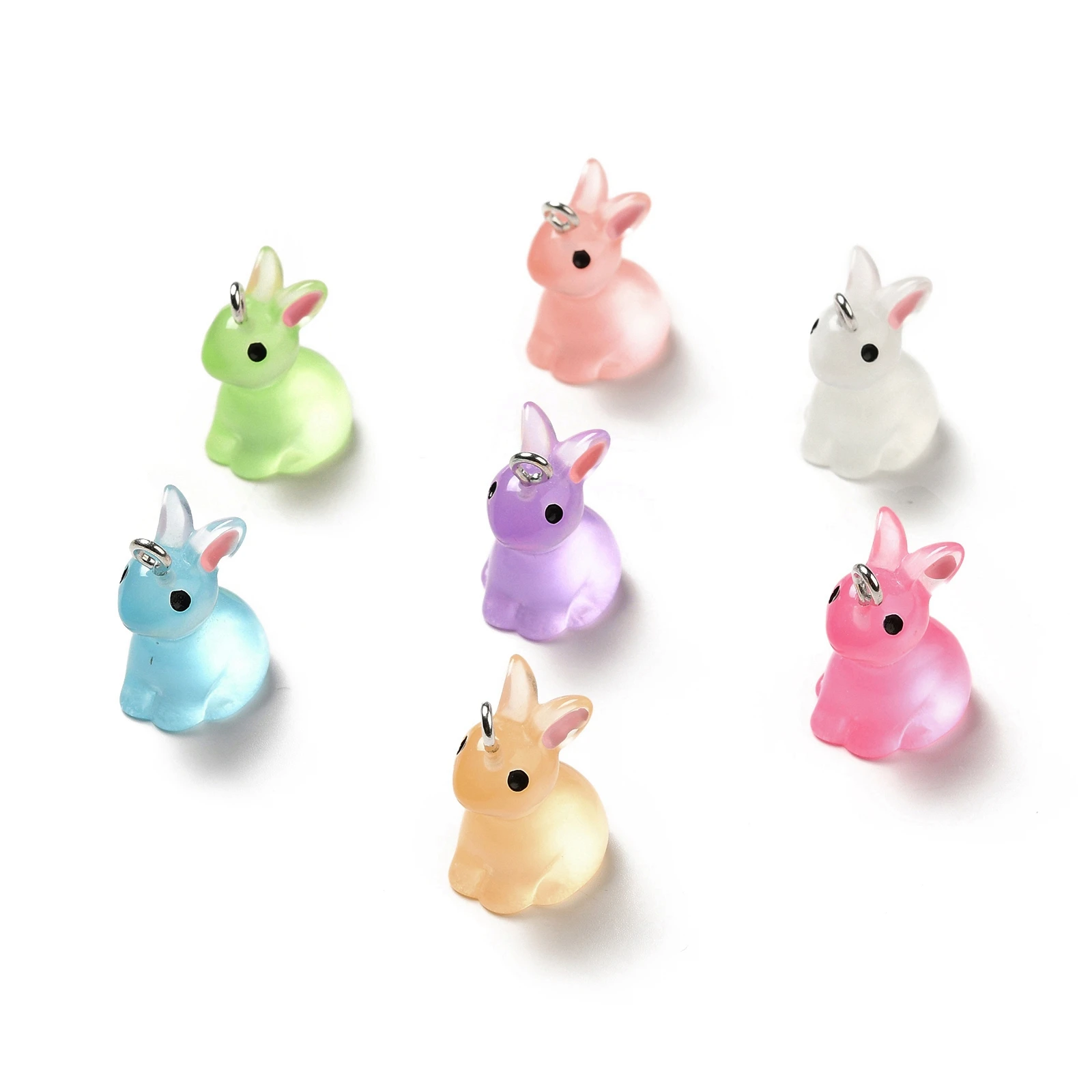 

Pandahall 100Pcs Mixed Color Rabbit Luminous Translucent Resin Pendants with Iron Loops Rabbit Charm For Necklace Jewelry Making