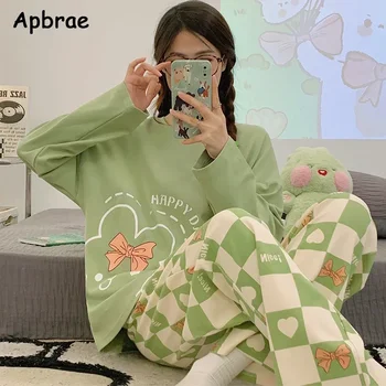 New Pajamas Cartoon Cotton Korean Long Sleeves Long Pants Women Pijamas O-neck Ladies Pyjamas Cute Rabbit Print Sleepwear