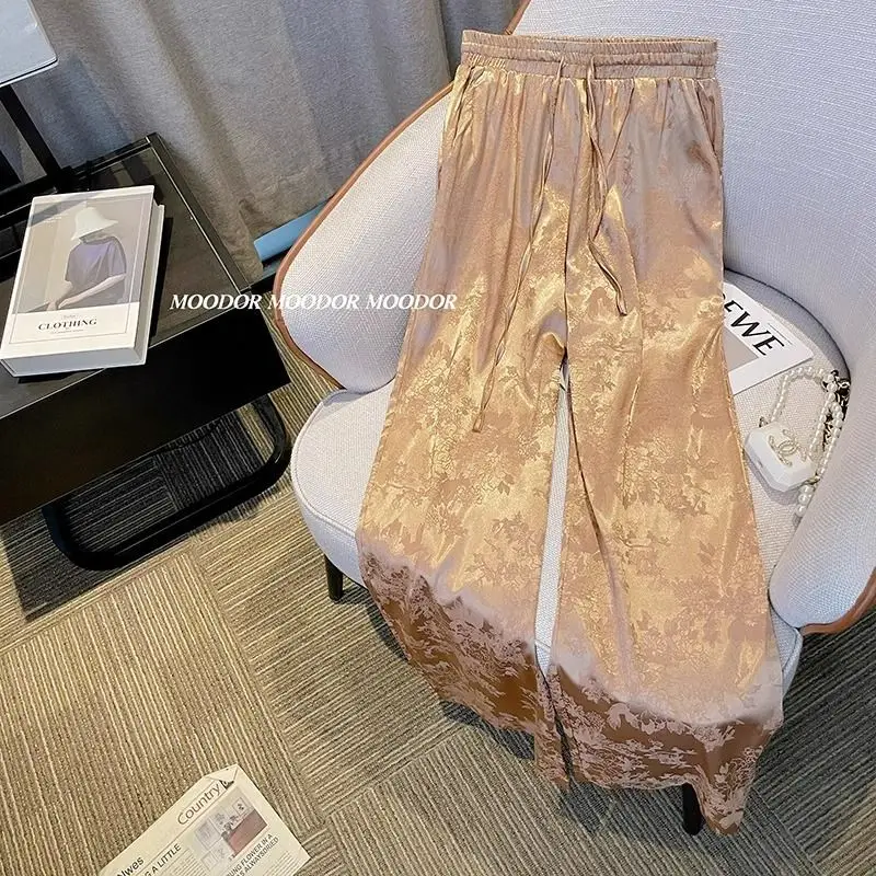 

Vintage Women's Pants Acetate Satin Jacquard Drawstring Casual Pants Chinese Style High Waisted Draped Wide-Leg Trousers