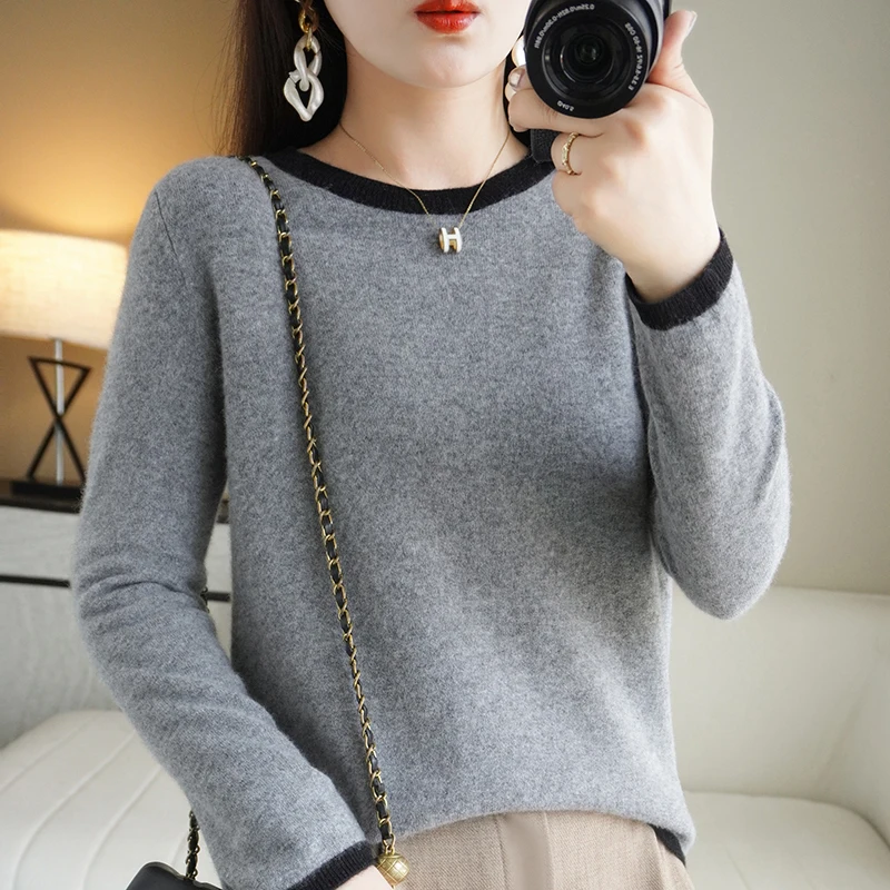 New O-Neck Cashmere Sweater Women Long Sleeve Autumn and Winter Knit Pullover Solid Color Cashmere Base