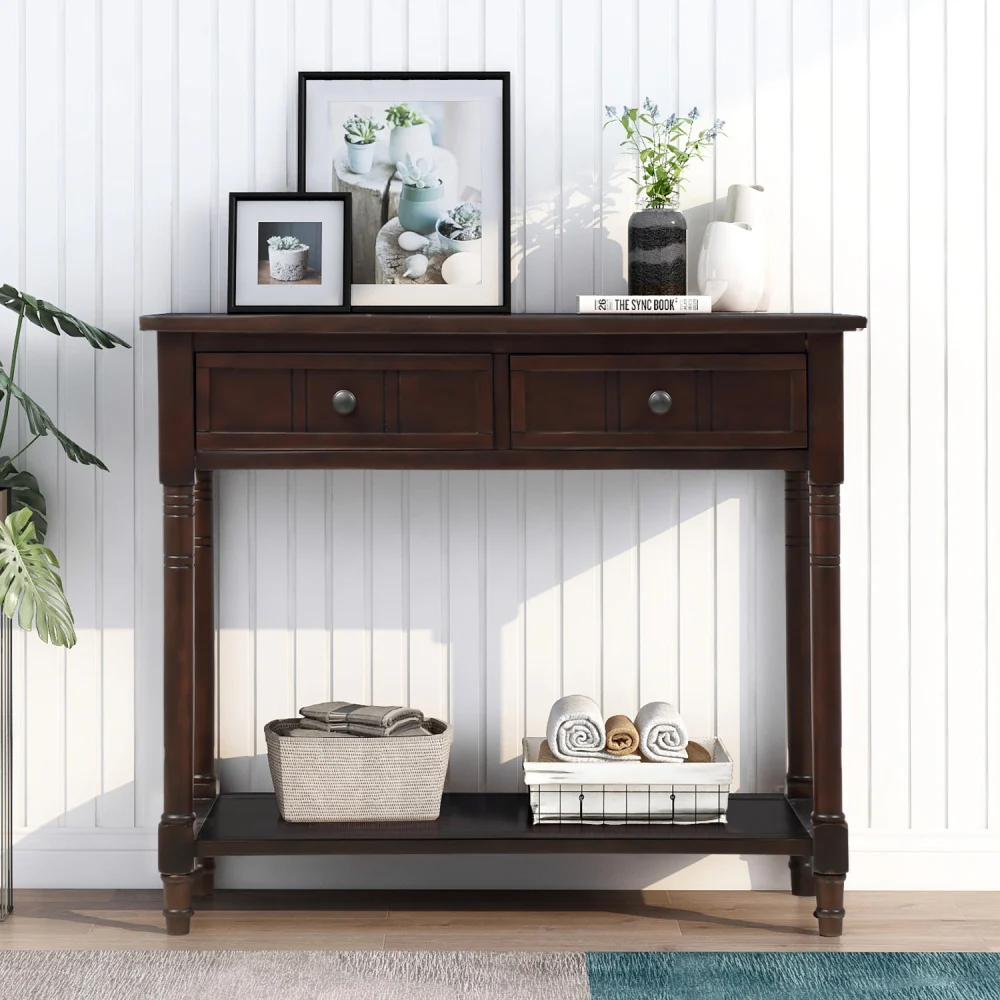 TREXM Daisy Series Console Table Traditional Design with Two Drawers and Bottom Shelf (Espresso) 2