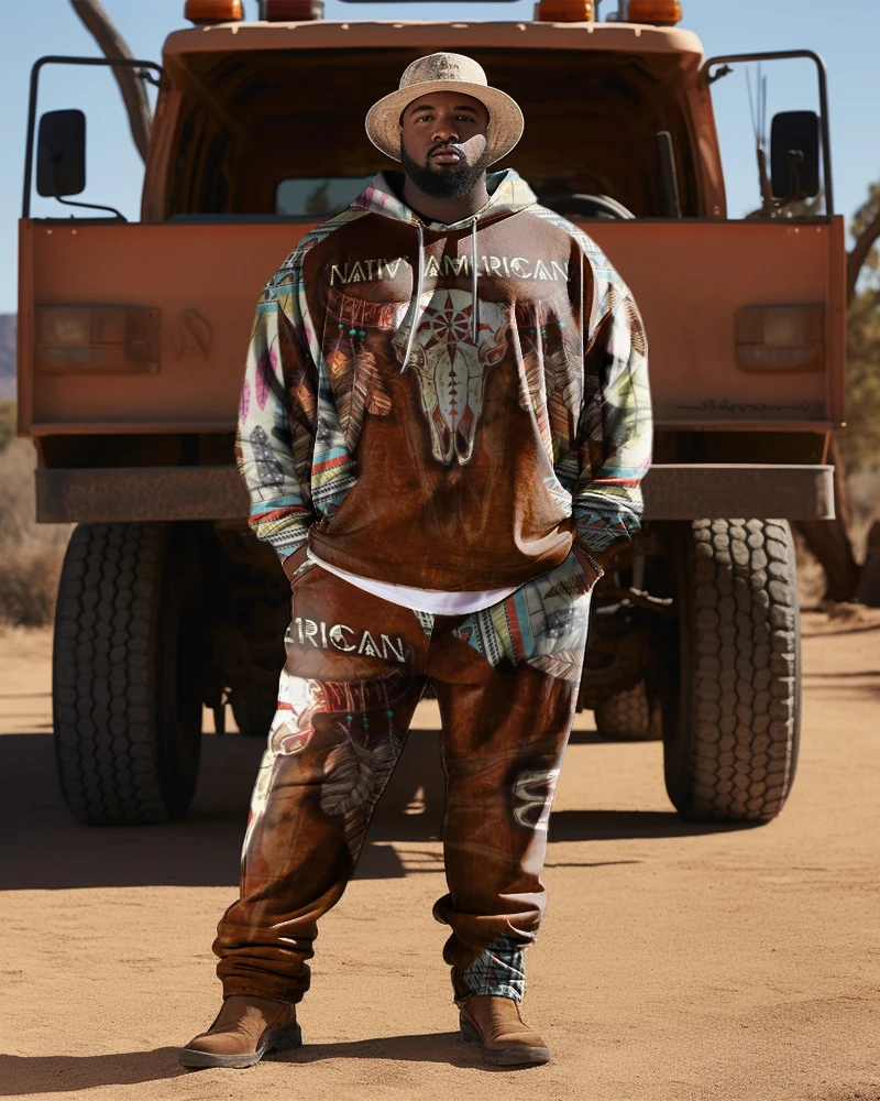 Biggmans Plus Size for Men's Hoodie Set Clothing Western Bull Head Denim Printing Long Sleeve Pattern Big and Tall L-9Xl