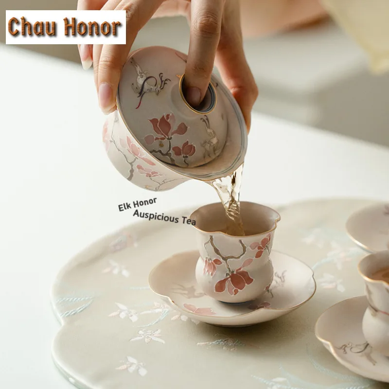 Hand-painted Plum Blossoms Pile Carve Gaiwan Luxury Tea Tureen Tea Bowl with Lid Kit Tea Making Cover Bowl Tea Items Decoration