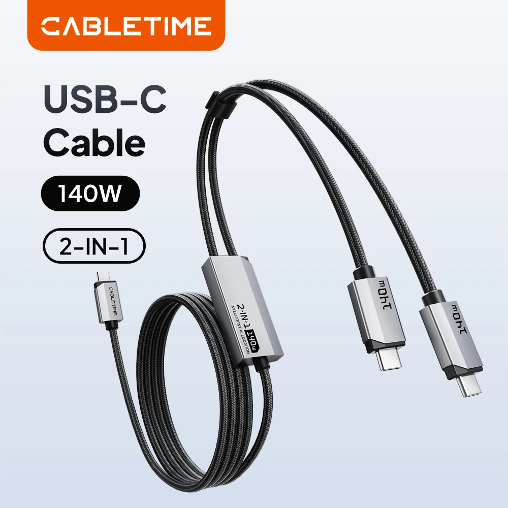 CABLETIME USB C 케이블 2 in 1 듀얼 출력 140W 고속 충전 480..
