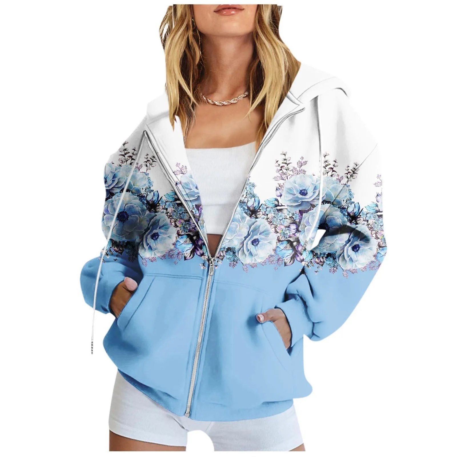 Casual Hoodie Women Fall Fashion Long Sleeve Floral Print Zip up