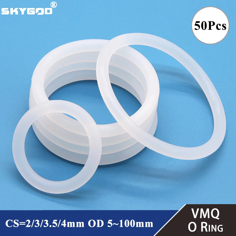 

50pcs VMQ O Ring Thickness CS 2/3/3.5/4mm White Rubber Seal Rings OD 5-100mm Heat-Resistant Food Grade Silicone O-Ring
