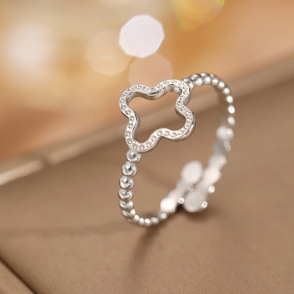 DGIDDK Stainless Steel Opening Adjustable Ring Female Simple Hollow Four-Leaf Clover Lucky Finger Ring Jewelry Creative Gifts