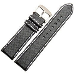 Black Red Orange Stitched Carbon Fiber Leather Sports Watch Band with Steel Clasp - 21mm (Black white line)