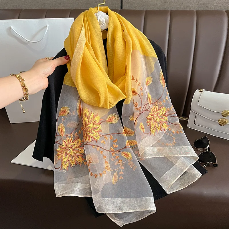 LumiSyne Sciarpa Di Seta Di Gelso Foulard Chiffon Donna Ricamo Con Perline Motivo a Fiori Tulle Trasparente Leggero Morbido Sciarpa Lunga Scialle Di Protezione Solare Stole Primavera Autunno