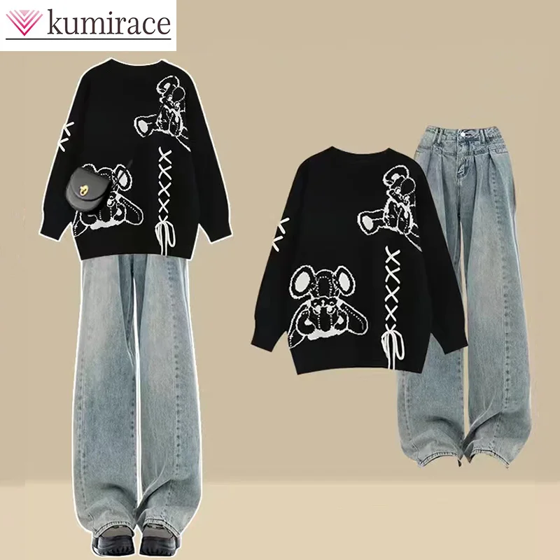 Large Autumn Set Women's 2023 New Slim Fit Sweater High Waist Jeans Two Piece Set Winter Women's Two Piece Set Women's Wear