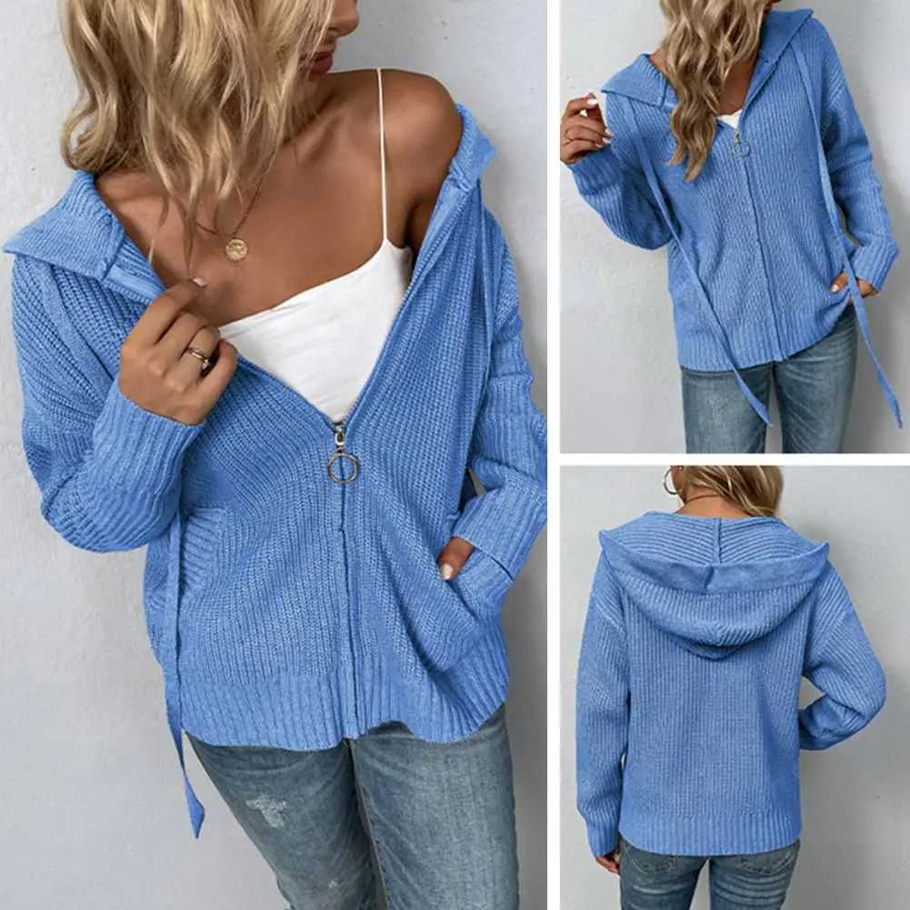 

Women Solid Color Coat Cozy Knitted Cardigan Jacket with Hood Zip-up Closure Pockets Warm Stylish Women's Fall/winter Coat Women