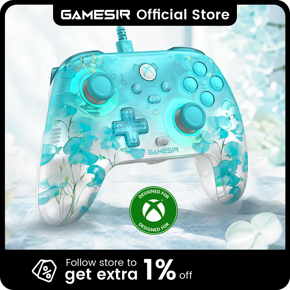 وحدة تحكم ألعاب GameSir T7 Pro بتصميم زهري سلكية لجهاز Xbox Series X وXbox Series S وXbox One، مع عصا تحكم بتأثير هول