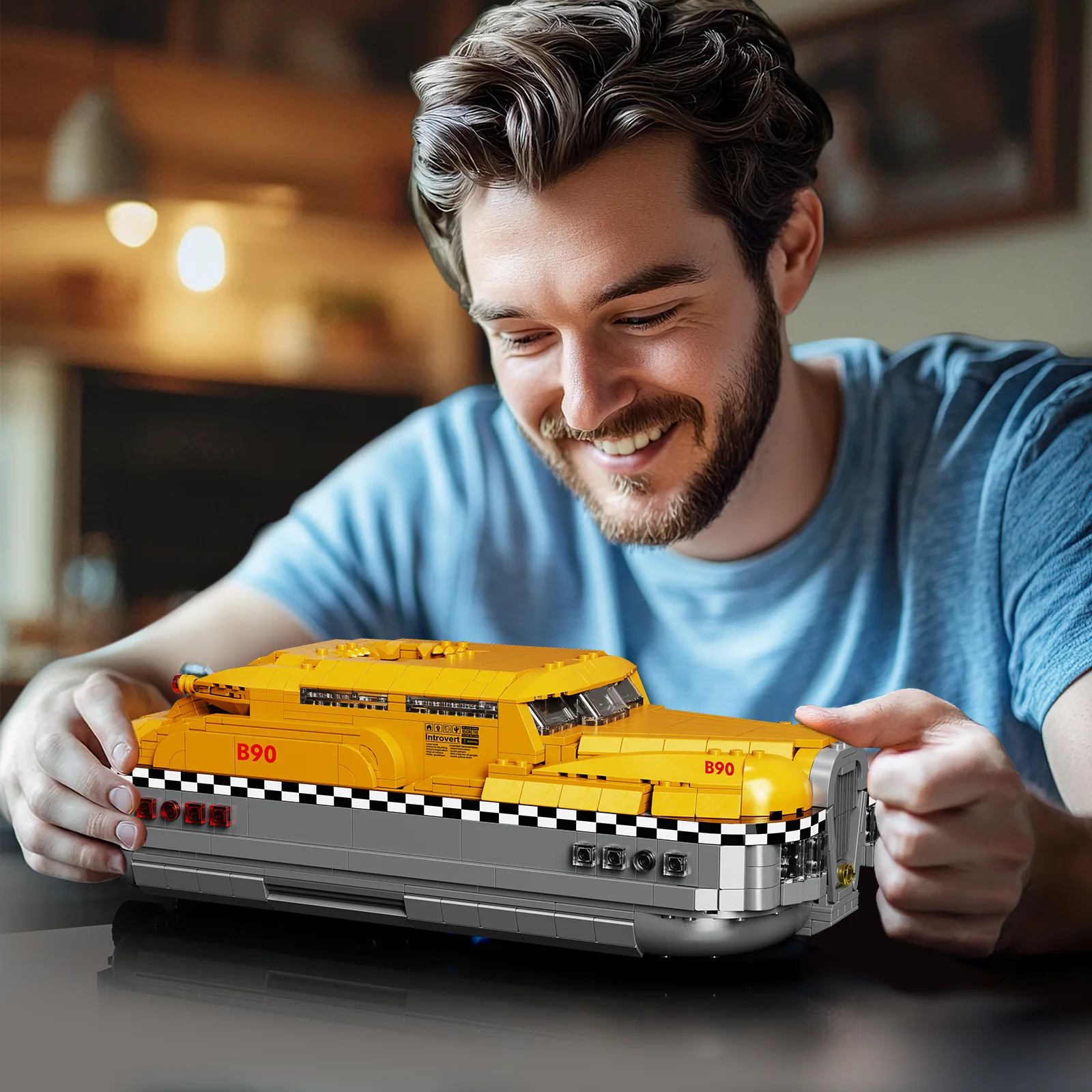 Puzzloria yellow taxi B90 building blocks set with 1441 pieces displayed on wooden table