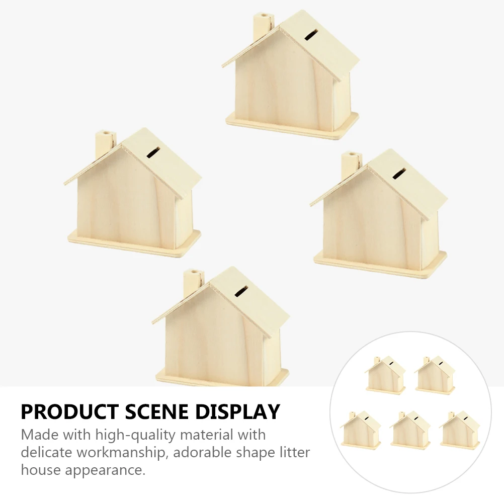 5pcs Unfinished Wooden Piggy Banks Kids DIY Coin Bank Change Container Handmade DIY White Embryo Small House Deposit Can 6